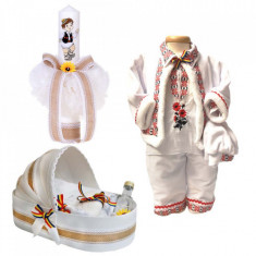 Set botez traditional baietel, trusou botez landou, lumanare si costum popular