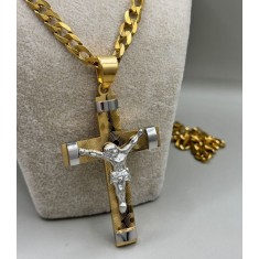 Set Barbati Inox Auriu &ndash; Lant Cuban Si Pandantiv Cruce Cu Iisus LC128V