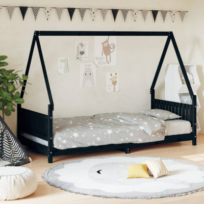 vidaXL Cadru de pat pentru copii, negru, 90x190 cm, lemn masiv de pin foto
