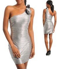 Rochie Mini, Bal, Cocktail, Fara Maneci, Un Umar, Culoare Argintie Stralucitoare foto