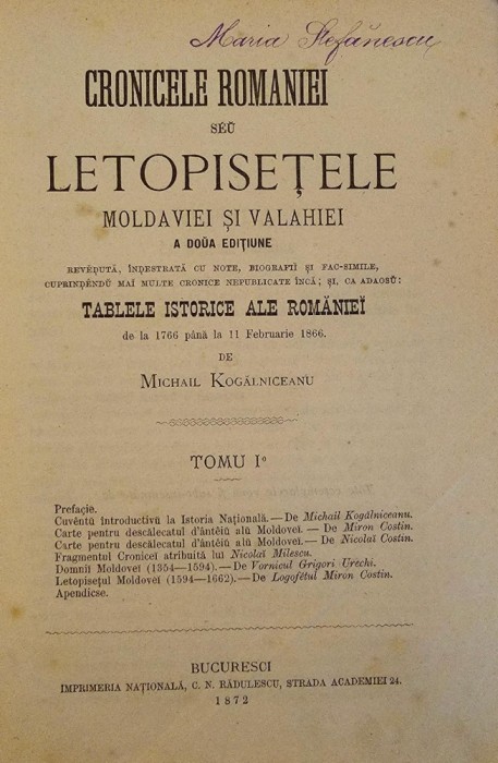 Mihail Kogălniceanu Cronicele Rom&acirc;niei, 1872