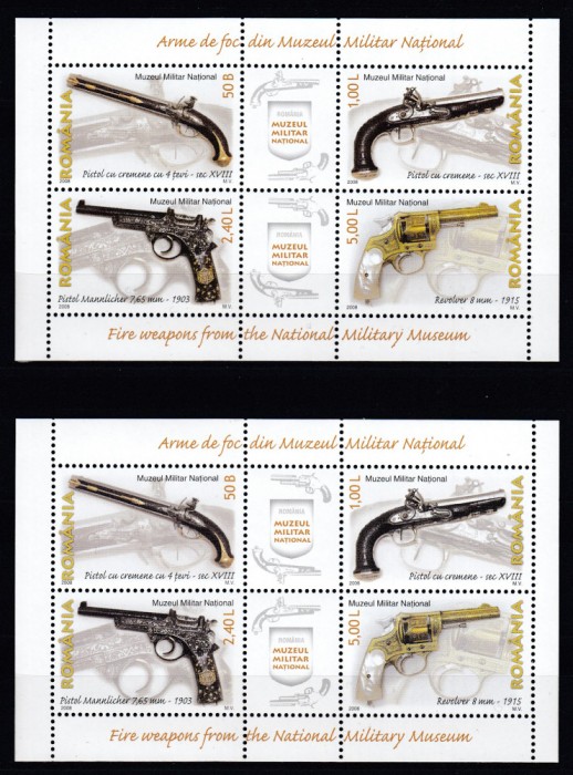 ROMANIA 2008 LP 1794 d ARME DE FOC DIN MUZEUL PERECHE BLOCURI MODEL I+MODEL II STARE MNH
