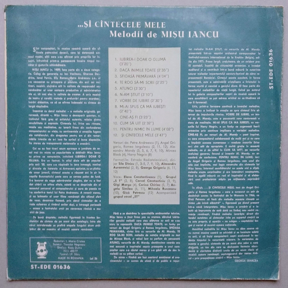 Disc Vinil Melodii De MIȘU IANCU __ (1980) Excelent VG+ Muzică Românească,  electrecord | Okazii.ro