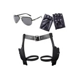 Fundații pentru coapse costum punk din piele, mănuși fără degete pentru femei, ochelari de soare negri, fundație pentru picior reglabilă