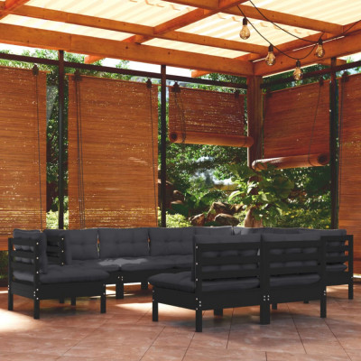 vidaXL Set mobilier grădină cu perne, 9 piese, negru, lemn masiv pin foto