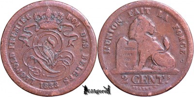 1833, 2 Centimes - Leopold I - Regatul Belgiei - eroare batere foto