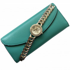 Pachet portofel elegant de dama cu suport detasabil verde + ceas elegant de dama Shine Crystal bratara metalica, argintiu foto