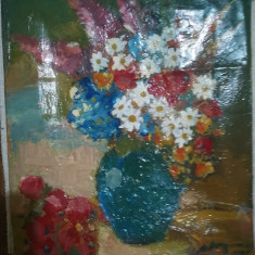 Tablou vas cu flori, ulei pe panza, semnat, fara rama, 42 x 35 cm
