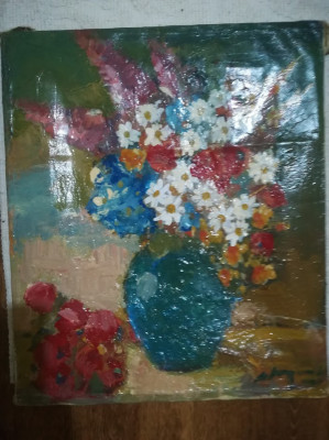 Tablou vas cu flori, ulei pe panza, semnat, fara rama, 42 x 35 cm foto