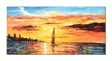 Cumpara ieftin Tablou apus de soare cu veliere, pictat manual 140x70cm ulei pe panza in cutit efect 3D, gata de expus pe perete