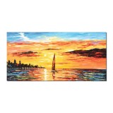 Tablou apus de soare cu veliere, pictat manual 140x70cm ulei pe panza in cutit efect 3D, gata de expus pe perete