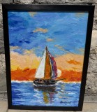 Tablou nou inramat, pictura,-VELIER PE MARE-, pictor roman consacrat, Marine, Ulei, Art Deco