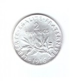 Moneda Franta 2 francs/franci 1916, stare foarte buna, curata, Europa, Argint