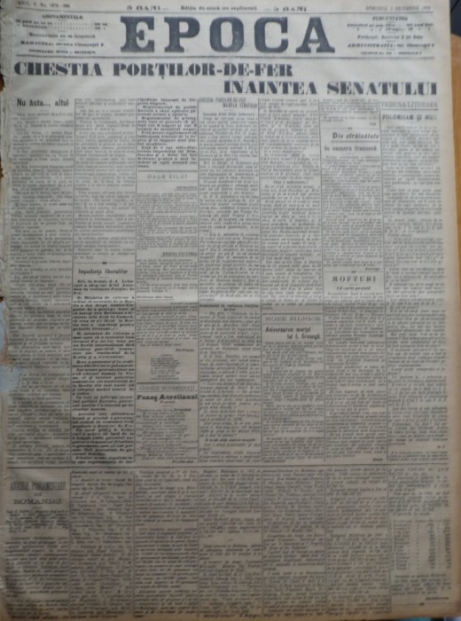 Ziarul Epoca, 5 Decembrie 1899 ; Chestia Portilor de Fier inaintea Senatului