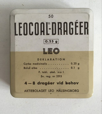 * Cutie veche de tabla drajeuri farmacie Leocoal-Drageer Leo, Suedia, 8x8x2 cm foto