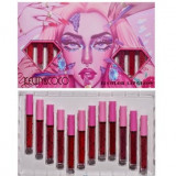Set 12 Lip Gloss Kevin&amp;Coco, nuante de rosu si rose, cutie dreptunghiulara, 26.5x16.5x2.2 cm, 200 g, multicolor