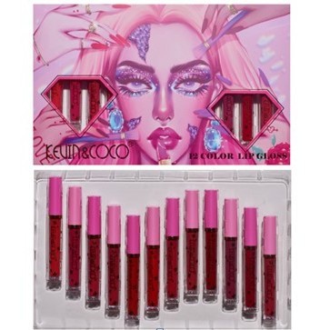 Set 12 lip gloss kevin&amp;amp;coco, nuante de rosu si rose, cutie dreptunghiulara, 26.5x16.5x2.2 cm, 200 g, multicolor foto