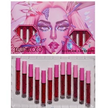 Set 12 Lip Gloss Kevin&amp;Coco, nuante de rosu si rose, cutie dreptunghiulara, 26.5x16.5x2.2 cm, 200 g, multicolor