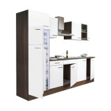 Mobilă de bucătărie Yorki 270, corp din stejar Yorki, față alb satinat, frigider cu congelator superior