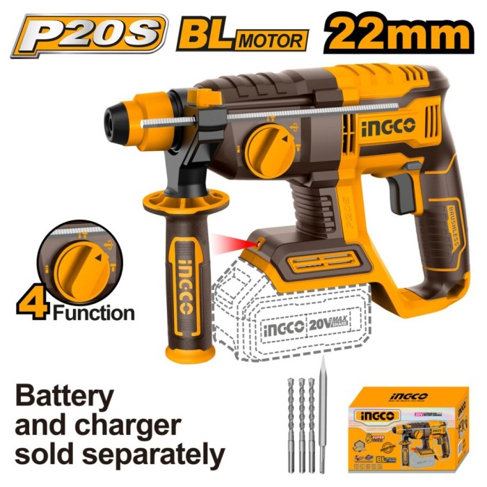 Ciocan rotopercutor picamer 20 v, 2 j, 5000 pm, brushless, sds plus fara acumulator, pentru daltuire si gaurire in beton - Ingco CRHLI20208