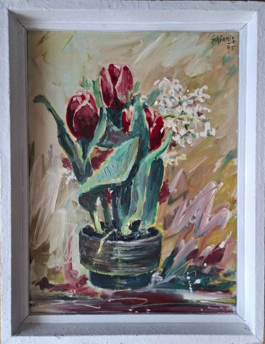Gottlieb Schimmig (n. 1924)-Vas cu lalele roşii, pictură (1975)