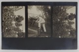 PICTORUL SAMUEL MUTZNER IMPREUNA CU TREI PRIETENI IN GRADINA DE TRANDAFIRI , FOTOMONTAJ DIN TREI FOTOGRAFII , FORMAT CARTE POSTALA , PERIOADA INTERBE