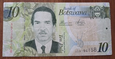 10 pula Botswana, h&amp;acirc;rtie, circulată foto