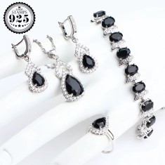 Set bijuterii elegante placate cu argint 925, cu cristale de zirconiu negru-obsidian