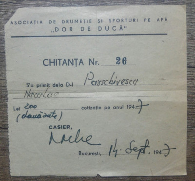 Chitanta Asociatia de drumetie si sporturi pe apa ,,Dor de duca&amp;quot; 1947 foto