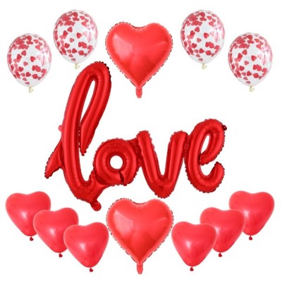 Set 13 baloane din folie metalizata si din latex, flippy, figurine litere si inima, model love, tema ziua indragostitilor, baloane party cu confetti, foto