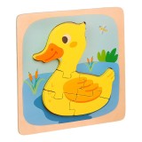 Puzzle montessori din lemn pentru copii, flippy, 3d, 0-3 ani, model ratusca, educativ, intuitiv, creativ, 5 piese, 15x15x0.5 cm, multicolor