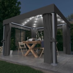 vidaXL Pavilion cu perdele &amp; șiruri lumini LED, antracit, 3x3 m 3070347