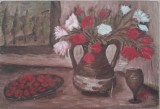 1967 Tablou vechi, E. DELIU, Flori in vas de lut/ natură statică, acrilic/carton