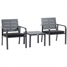 Outsunny Set Mobilier de Grădină din 3 Piese cu Măsuță și 2 Scaune cu Perne, Mobilier pentru Curte din Oțel și Plastic, Gri