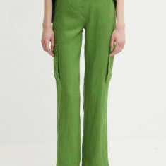 United Colors of Benetton pantaloni din in culoarea verde, drept, high waist