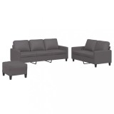Cumpara ieftin Set de canapele cu perne, 3 piese, gri, piele ecologica