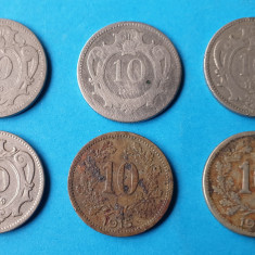 Moneda veche Austria Lot x 6 piese - 10 Heller ani diferiti ( 1893 - 1916 )