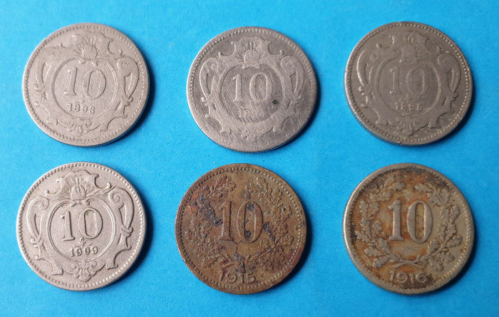 Moneda veche Austria Lot x 6 piese - 10 Heller ani diferiti ( 1893 - 1916 )