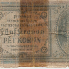 M1 - Bancnota foarte veche - Cehoslovacia - 5 coroane - protectorat