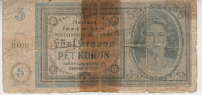 M1 - Bancnota foarte veche - Cehoslovacia - 5 coroane - protectorat foto