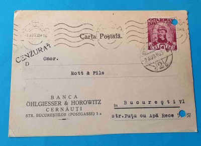 Cenzurat - Cernauti Banca Ohlgiesser &amp;amp;Horowitz carte postala circulata anul 1939 foto