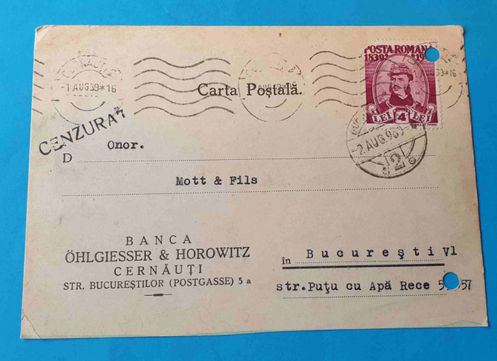 Cenzurat - Cernauti Banca Ohlgiesser &amp;Horowitz carte postala circulata anul 1939