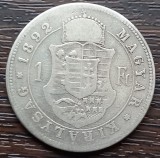 (A717) MONEDA DIN ARGINT UNGARIA - 1 FORINT 1892 KB, FRANZ JOSEPH, MAI RARA, Europa