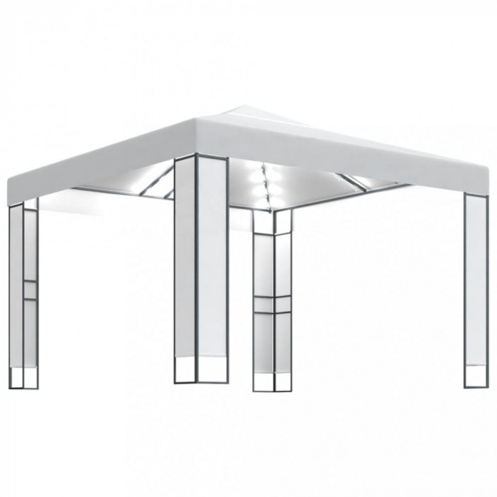 Pavilion cu acoperiș dublu &amp; șiruri de lumini LED, alb, 3x3 m