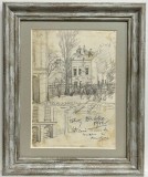 Toader Schipor 1972 Tablou Peisaj Iaşi Bd Independenței Casa &icirc;n Demolare grafică &icirc;n cărbune &icirc;nrămată 25x30cm