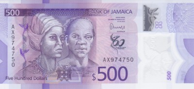 Bancnota Jamaica 500 Dolari 2022 - P98 UNC ( polimer, comemorativa - vezi descriere ) foto