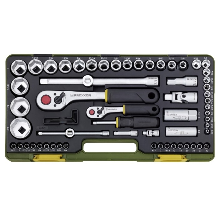 Trusa completa, versiune in Inch, cu chei tubulare de 1/4&quot; si 1/2&quot;, Proxxon 23294, 65 piese