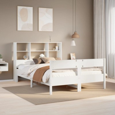vidaXL Pat cu bibliotecă fără saltea, alb, 120x190 cm, lemn masiv pin 3323006 foto