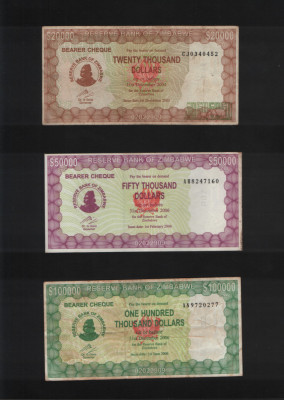 Rar! Zimbabwe Set 20000 + 50000 + 100000 dollars 2003-2006 bearer cheque foto