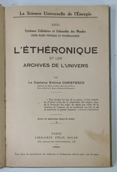 DEDICATIA CAPITANULUI STEFAN CRISTESCU PE VOLUMUL &#039; L &#039;ETHERONIQUE ET LES ARCHIVES DE L &#039;UNIVERS &#039; , 1928
